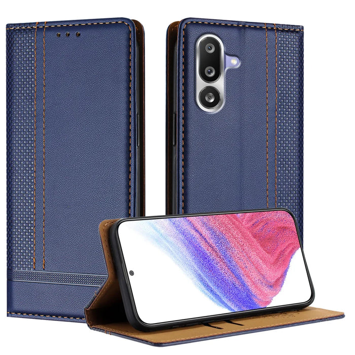For Samsung Galaxy M36 5G Case L-Shaped Grid Pattern Leather Stand Phone Cover with Card Slots - Blue - 1