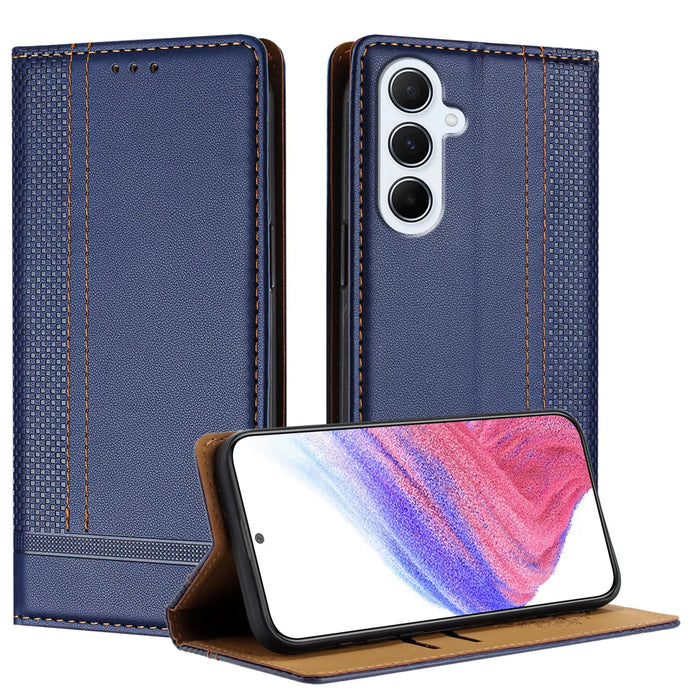 For Samsung Galaxy M56 5G Case L-Shaped Grid Pattern Leather Stand Phone Cover with Card Slots - Blue - 1