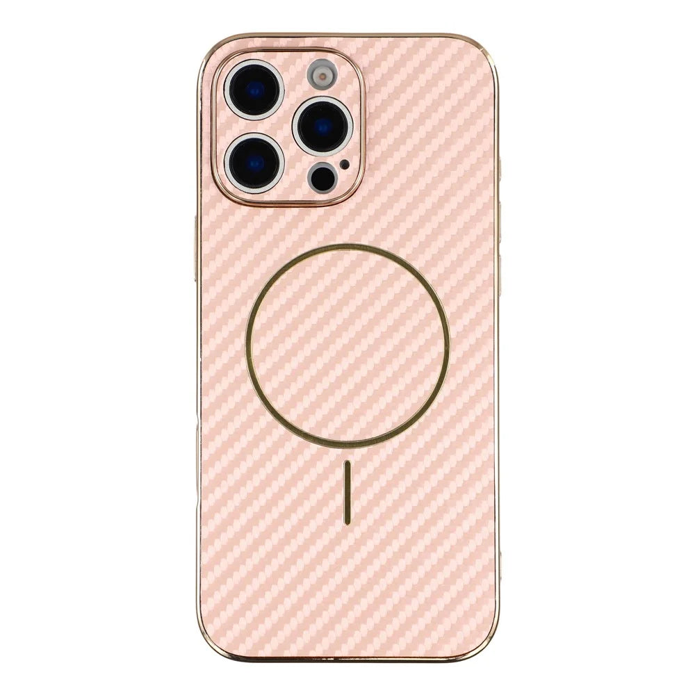 For iPhone 16 Pro Max Phone Case Carbon Fiber Textured Electroplated TPU Back Cover - Pink - 3