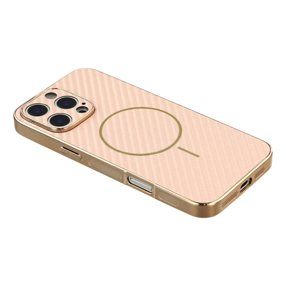 For iPhone 16 Pro Max Phone Case Carbon Fiber Textured Electroplated TPU Back Cover - Pink - 4