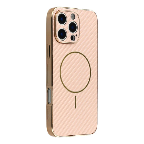 For iPhone 16 Pro Phone Case Carbon Fiber Textured Electroplated TPU Back Cover - Pink - 1
