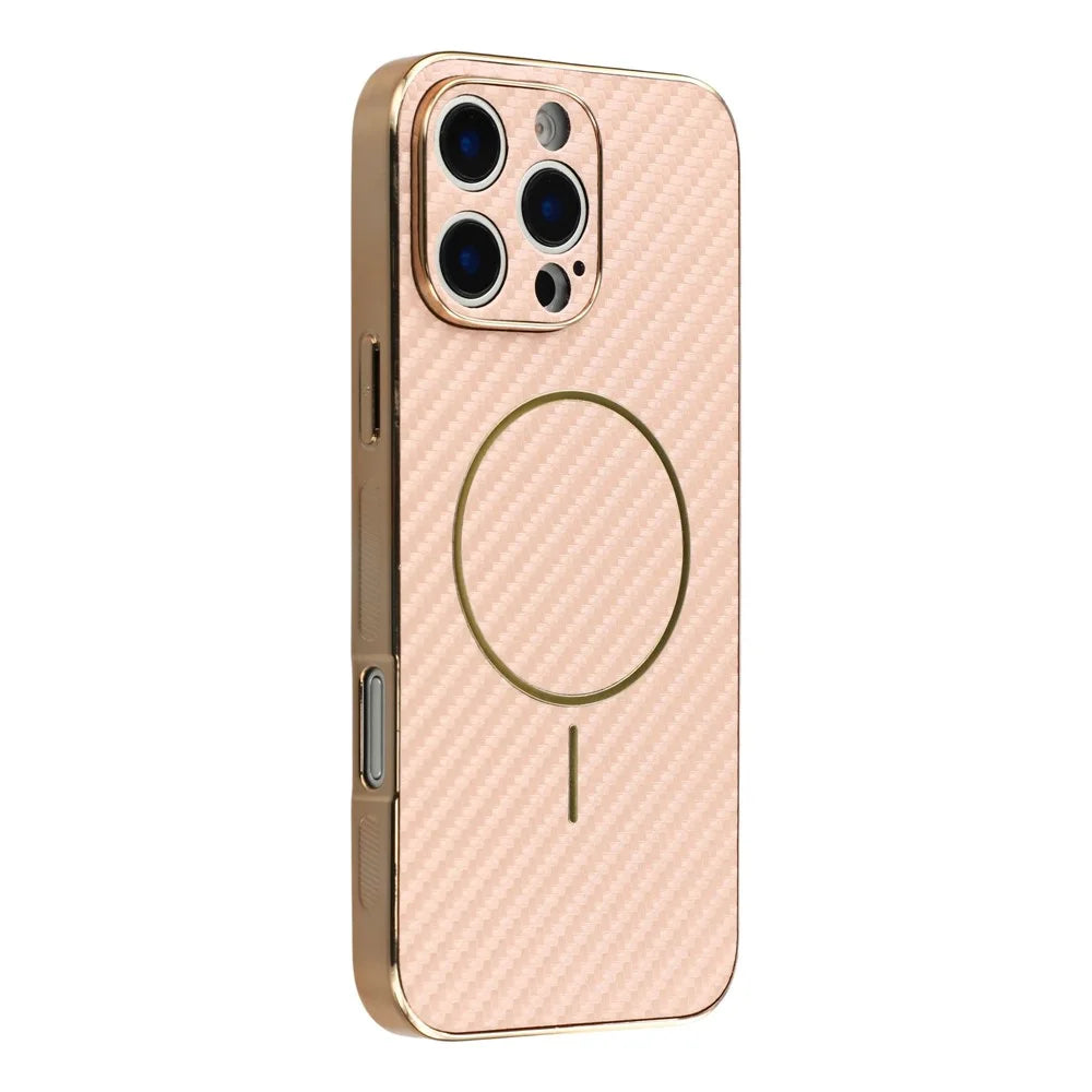 For iPhone 16 Pro Phone Case Carbon Fiber Textured Electroplated TPU Back Cover - Pink - 1
