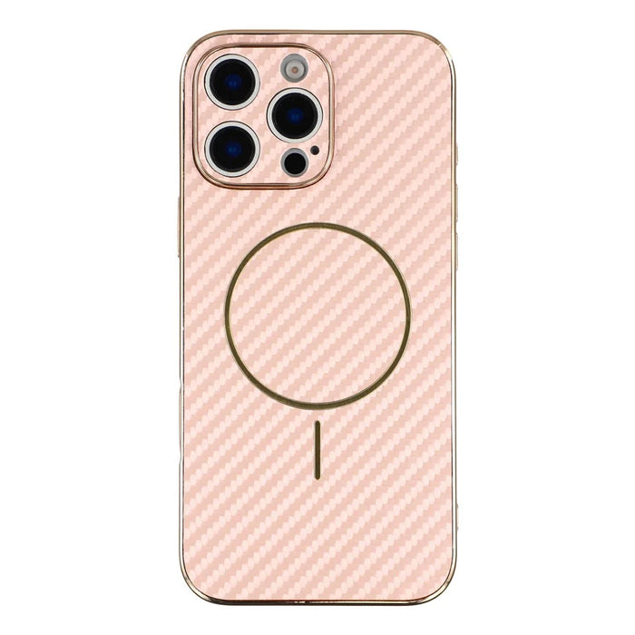 For iPhone 16 Pro Phone Case Carbon Fiber Textured Electroplated TPU Back Cover - Pink - 3