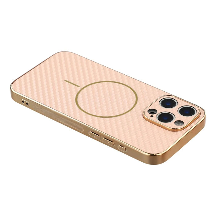 For iPhone 16 Pro Phone Case Carbon Fiber Textured Electroplated TPU Back Cover - Pink - 5