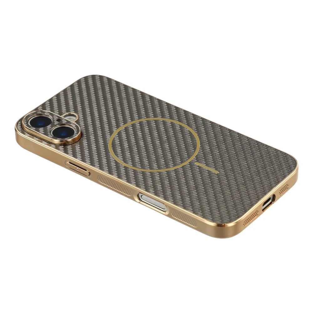 For iPhone 16 Phone Case Carbon Fiber Textured Electroplated TPU Back Cover - Coffee - 4