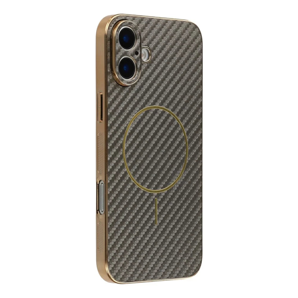 For iPhone 16 Plus Phone Case Carbon Fiber Textured Electroplated TPU Back Cover - Coffee - 1