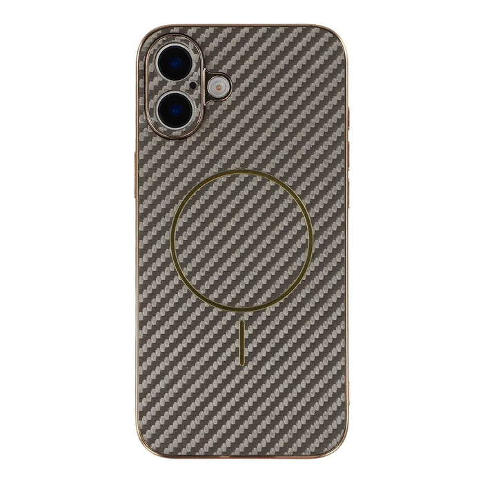 For iPhone 16 Plus Phone Case Carbon Fiber Textured Electroplated TPU Back Cover - Coffee - 3