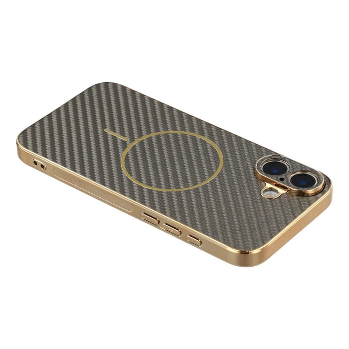 For iPhone 16 Plus Phone Case Carbon Fiber Textured Electroplated TPU Back Cover - Coffee - 5