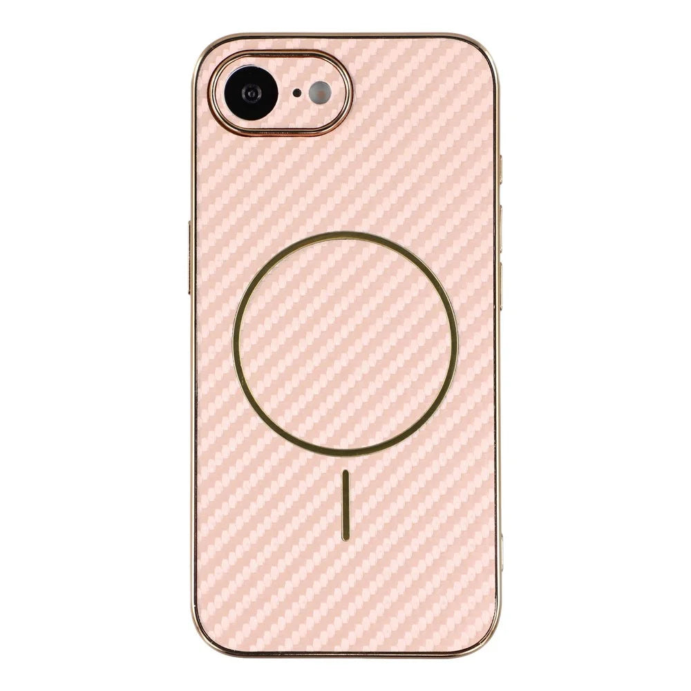 For iPhone 17e / 16e Phone Case Carbon Fiber Textured Electroplated TPU Back Cover - Pink - 3