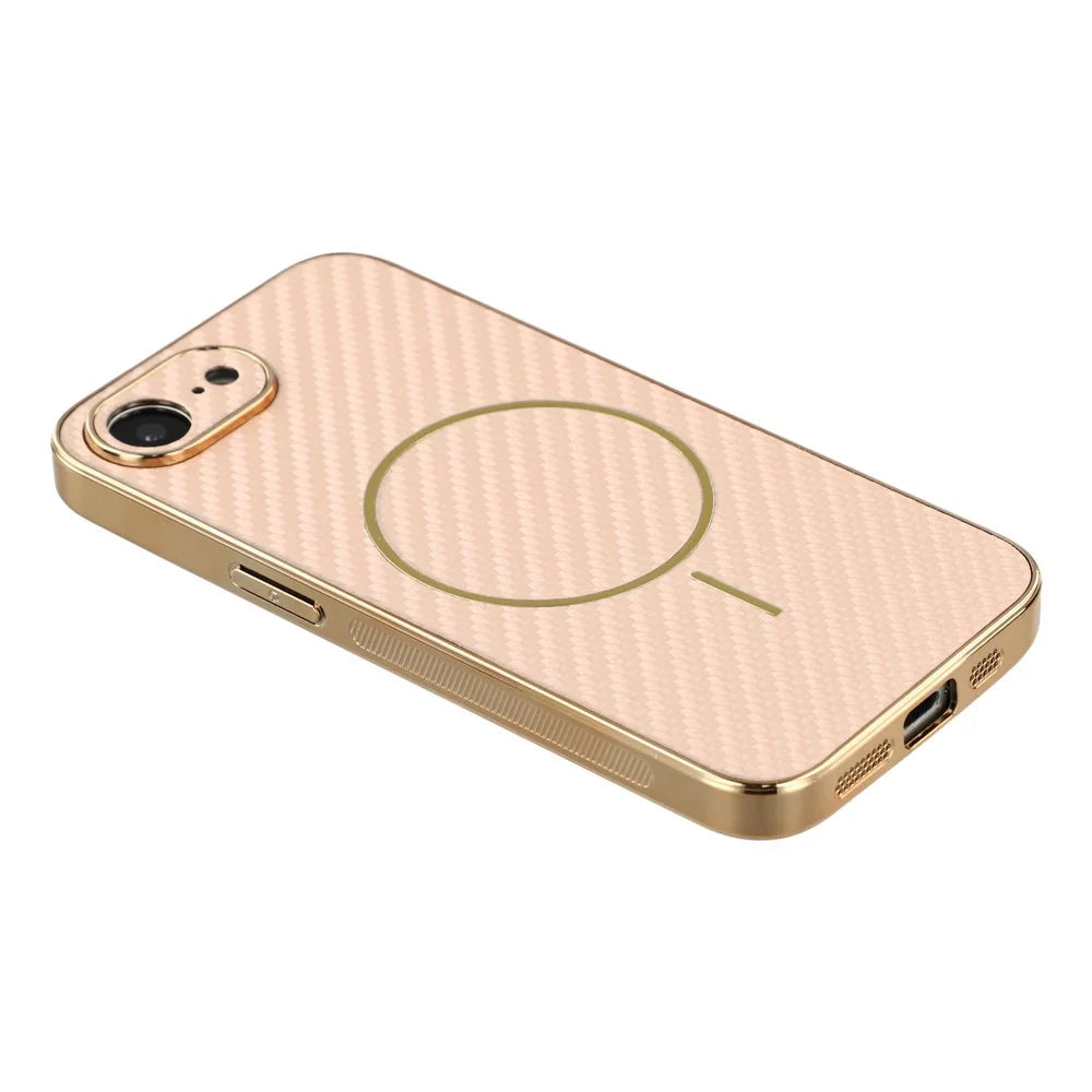 For iPhone 17e / 16e Phone Case Carbon Fiber Textured Electroplated TPU Back Cover - Pink - 4