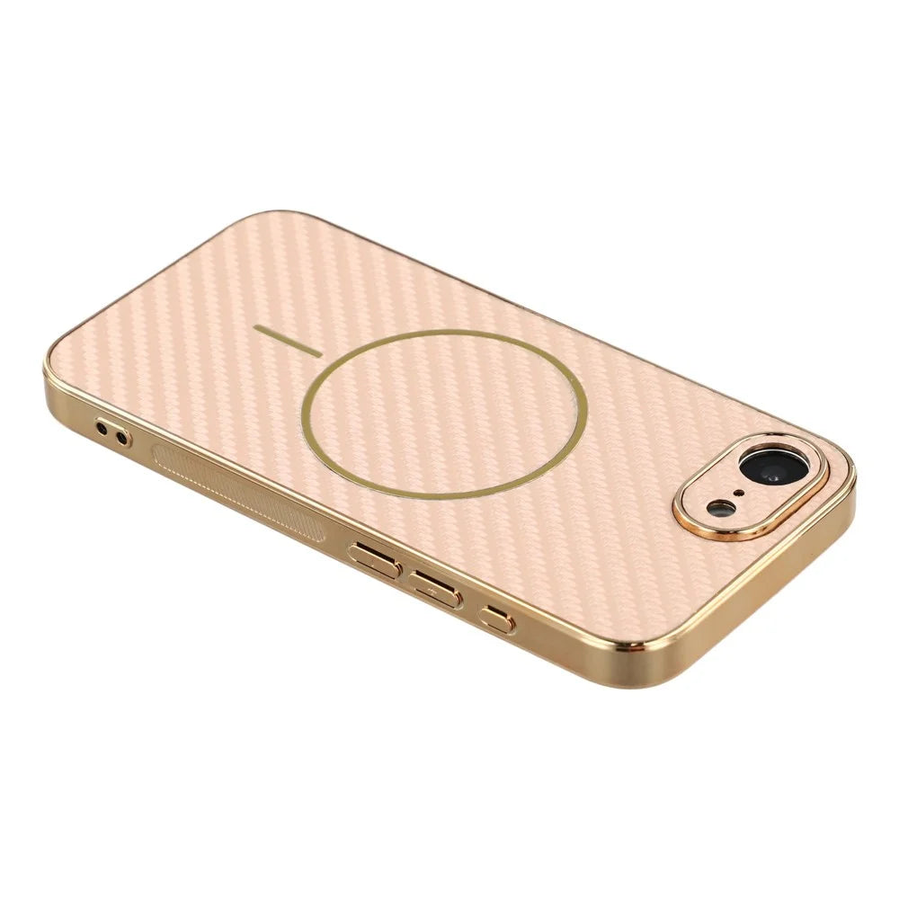 For iPhone 17e / 16e Phone Case Carbon Fiber Textured Electroplated TPU Back Cover - Pink - 5