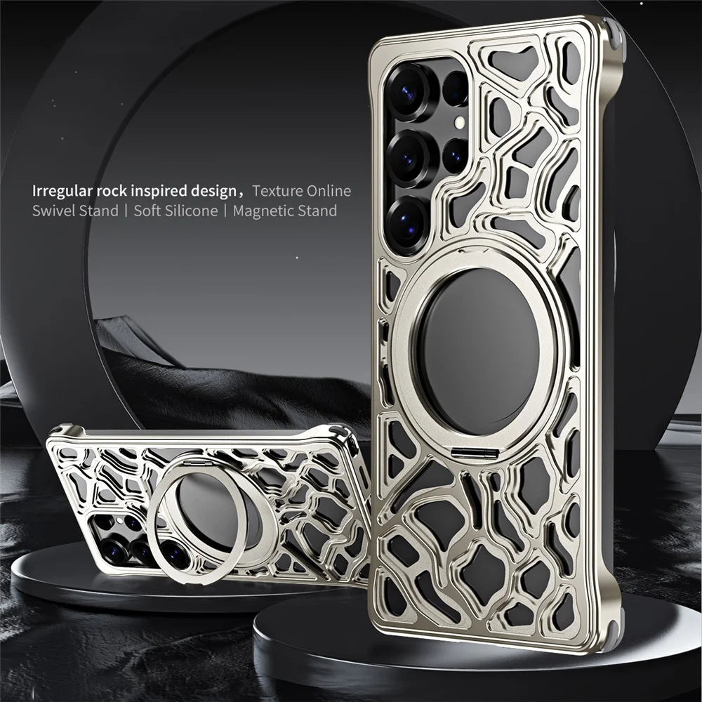 For Samsung Galaxy S24 Ultra Bumper Case Alloy Metal Borderless Back Cover with Magnetic Kickstand - Titanium - 2