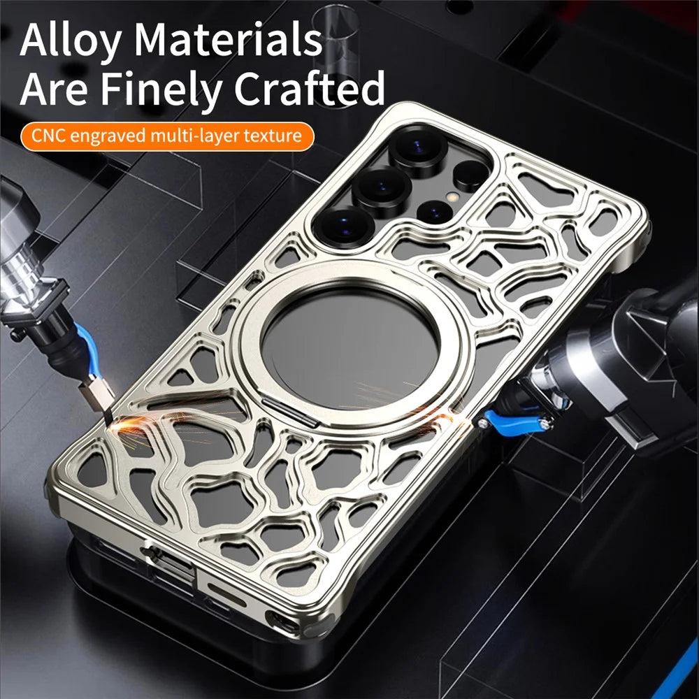 For Samsung Galaxy S24 Ultra Bumper Case Alloy Metal Borderless Back Cover with Magnetic Kickstand - Titanium - 5
