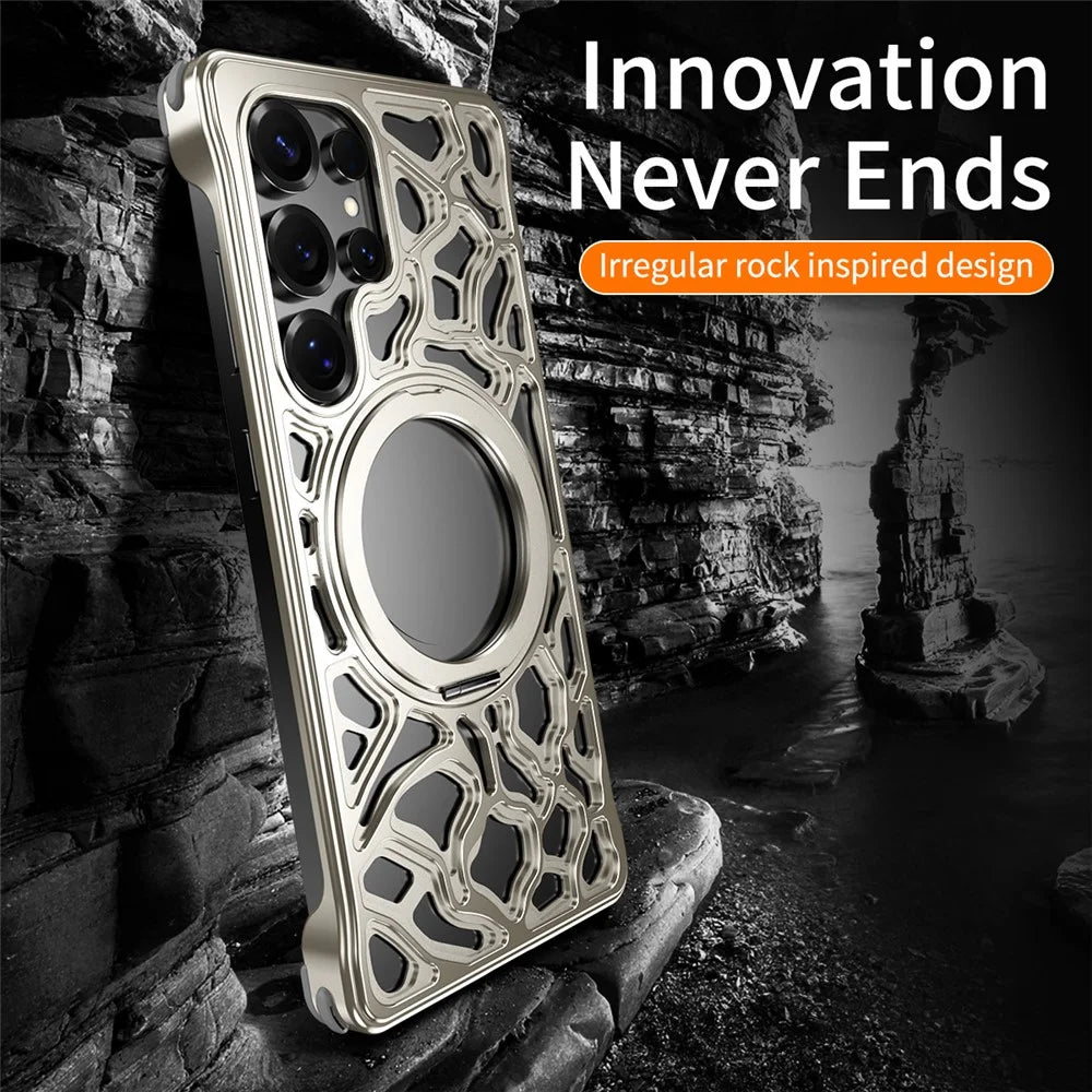For Samsung Galaxy S24 Ultra Bumper Case Alloy Metal Borderless Back Cover with Magnetic Kickstand - Titanium - 6
