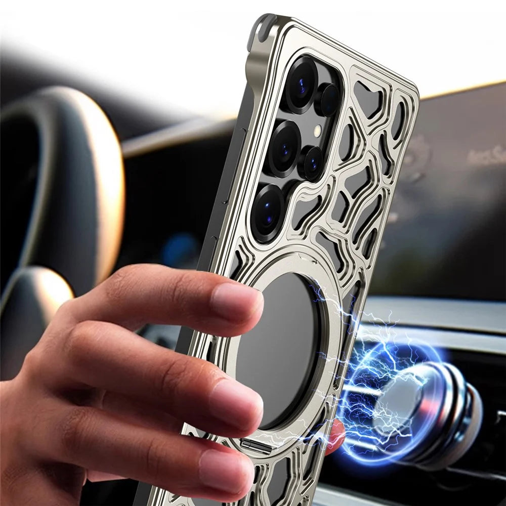 For Samsung Galaxy S25 Ultra Case Alloy Metal Borderless Back Cover with Magnetic Kickstand - Titanium - 7