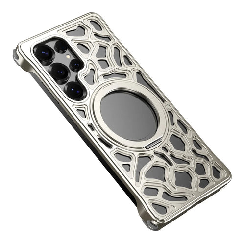 For Samsung Galaxy S23 Ultra Bumper Case Alloy Metal Borderless Back Cover with Magnetic Kickstand - Titanium - 1