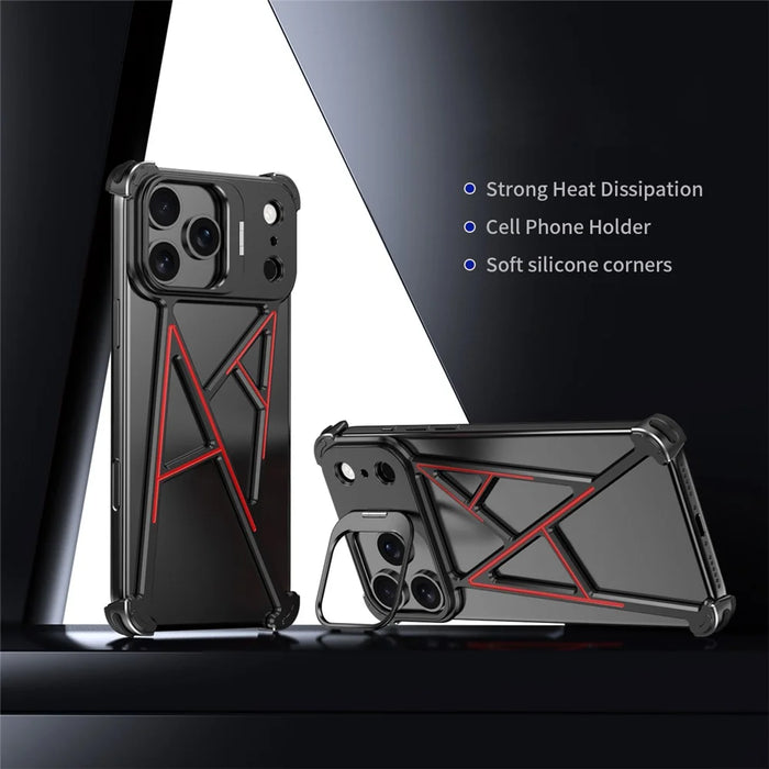 For iPhone 17 Pro Max Bumper Case Four Corner Airbag Kickstand Boardless A-Shape Metal Phone Cover - Black - 2