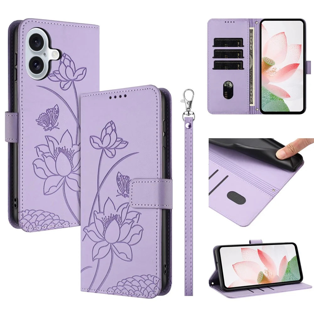 For iPhone 17 Case Wallet Stand Lotus Imprint Leather Phone Cover with Wrist Strap - Purple - 1