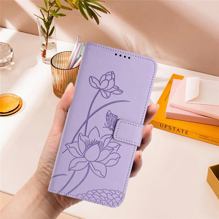 For iPhone 17 Case Wallet Stand Lotus Imprint Leather Phone Cover with Wrist Strap - Purple - 4