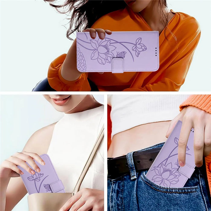 For iPhone 17 Case Wallet Stand Lotus Imprint Leather Phone Cover with Wrist Strap - Purple - 5