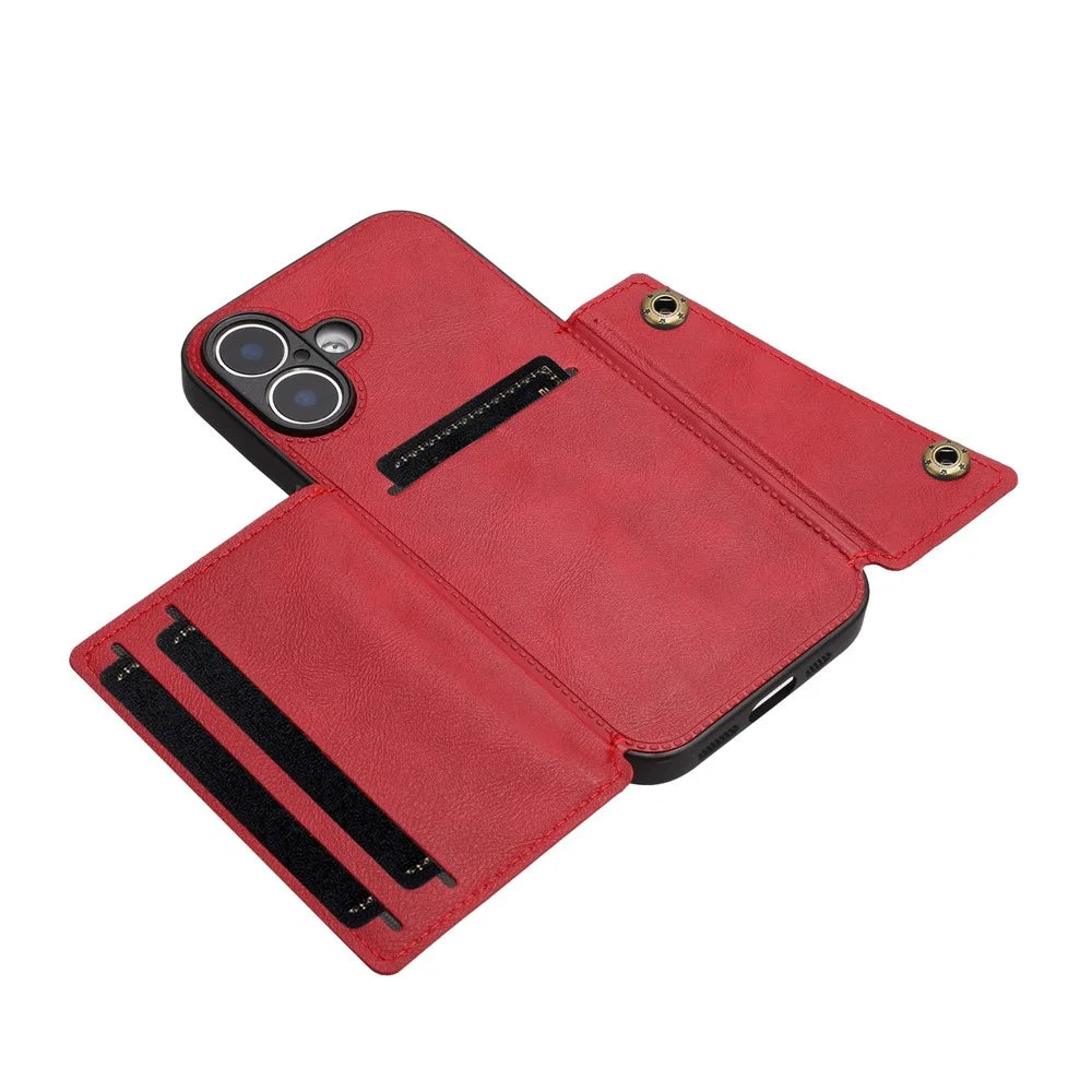 For iPhone 17 Case with Card Slots Kickstand Leather + TPU Phone Cover - Red - 3