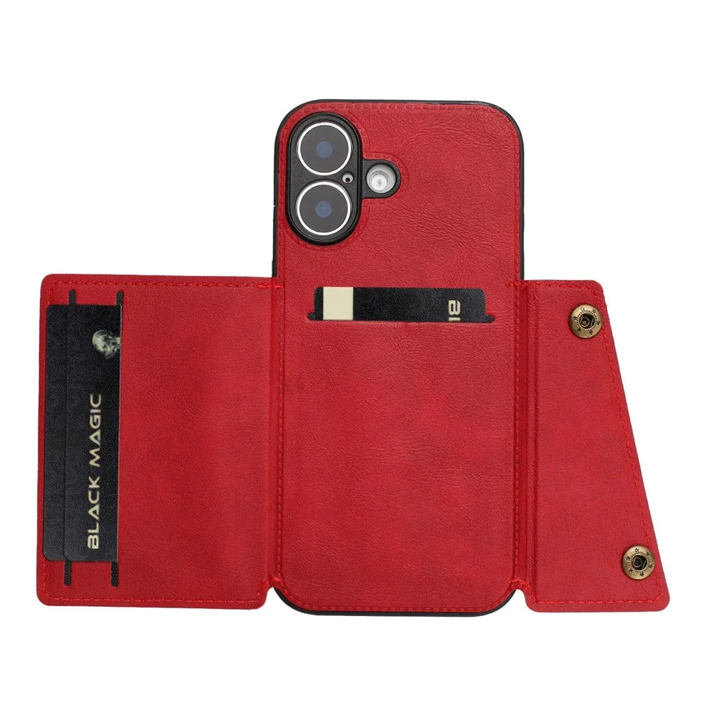 For iPhone 17 Case with Card Slots Kickstand Leather + TPU Phone Cover - Red - 4