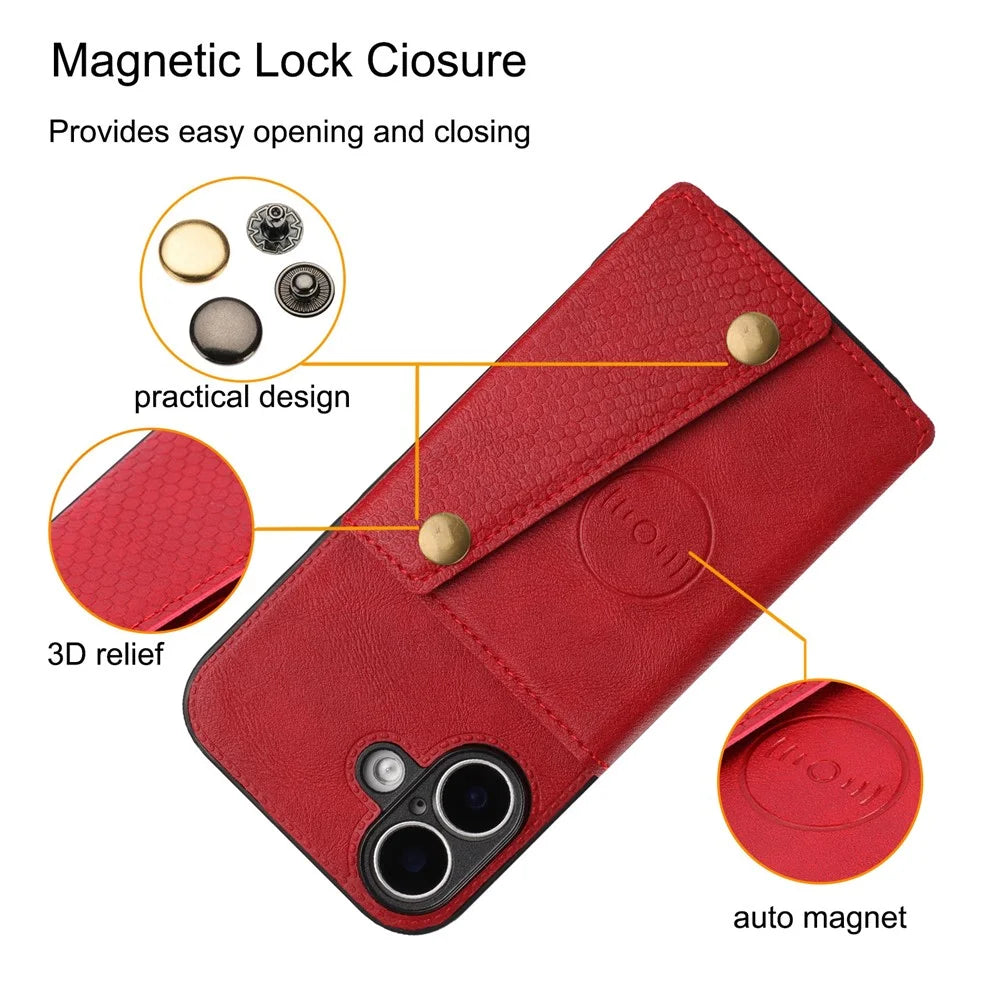 For iPhone 17 Case with Card Slots Kickstand Leather + TPU Phone Cover - Red - 5