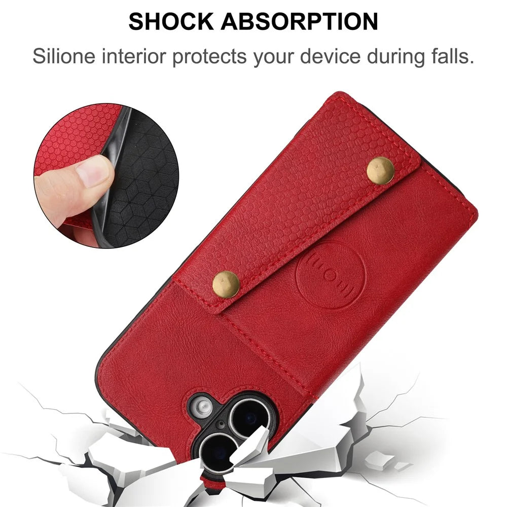 For iPhone 17 Case with Card Slots Kickstand Leather + TPU Phone Cover - Red - 6
