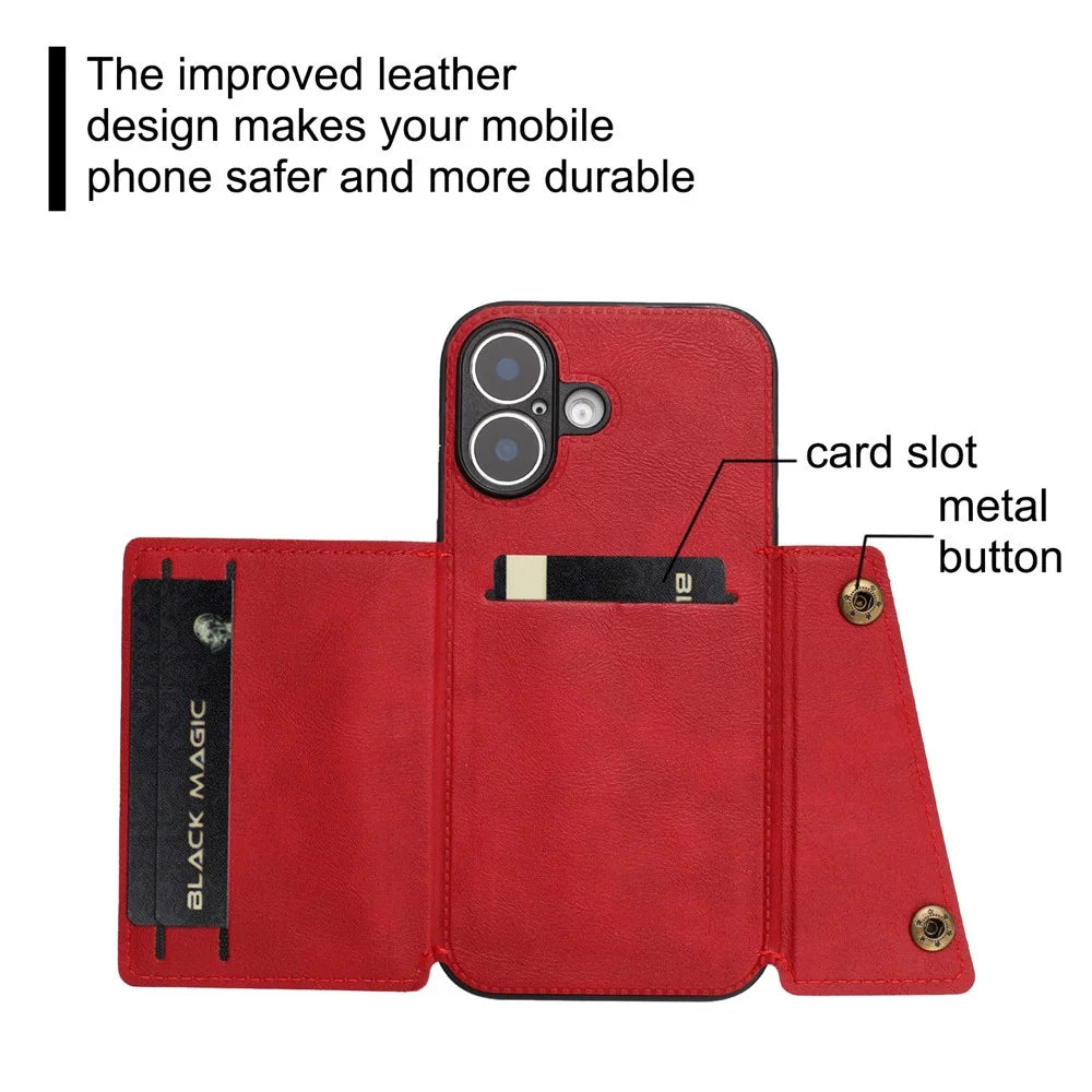 For iPhone 17 Case with Card Slots Kickstand Leather + TPU Phone Cover - Red - 7