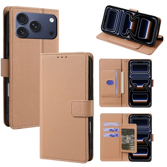 For iPhone 17 Pro Case Triangle Imprinted Skin Touch PU Leather Phone Wallet Cover - Brown - 1