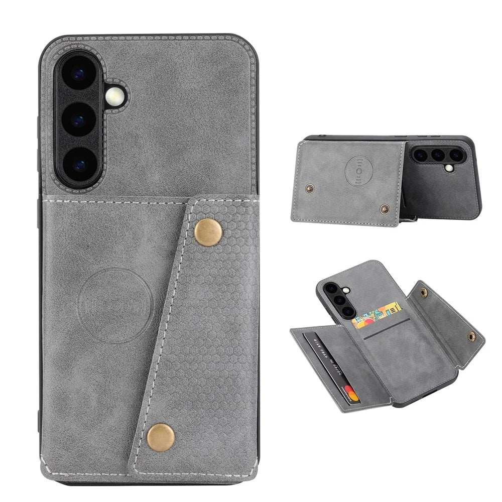 For Samsung Galaxy S25 FE Case with Card Slots Kickstand Leather + TPU Phone Cover - Grey - 1