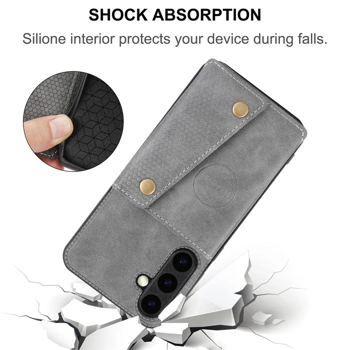For Samsung Galaxy S25 FE Case with Card Slots Kickstand Leather + TPU Phone Cover - Grey - 5