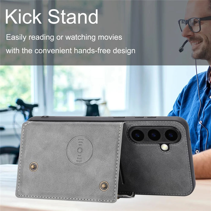 For Samsung Galaxy S25 FE Case with Card Slots Kickstand Leather + TPU Phone Cover - Grey - 6