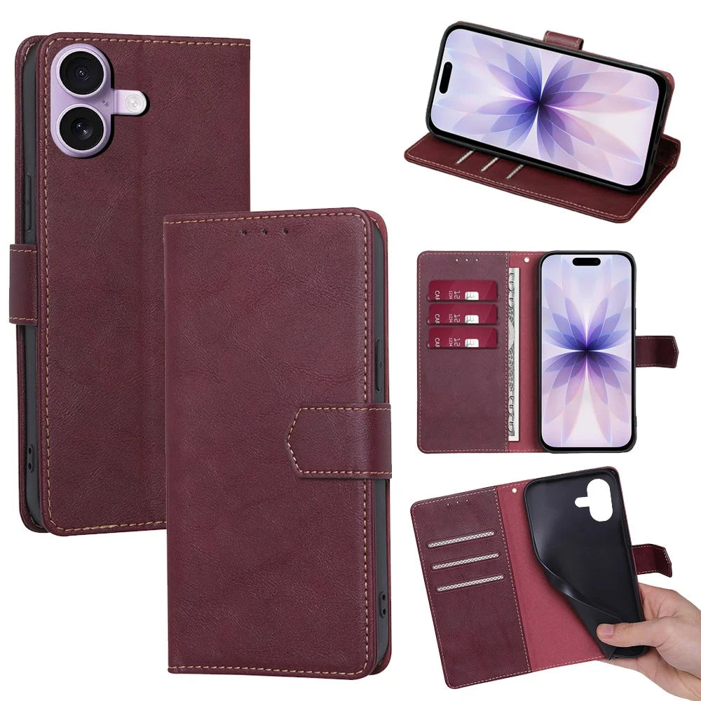 For iPhone 17 Case Leather Phone Cover with RFID Blocking Wallet - Wine Red - 1