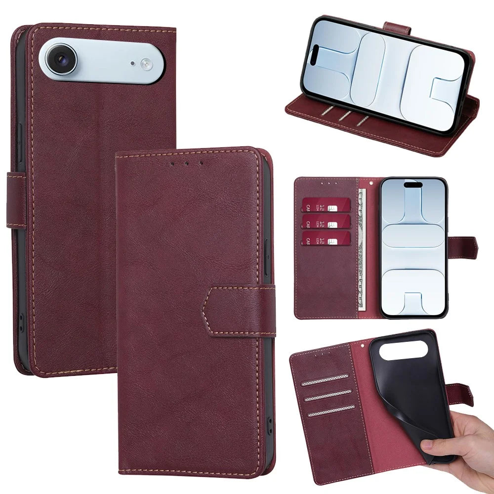 For iPhone Air Case Leather Phone Cover with RFID Blocking Wallet - Wine Red - 1