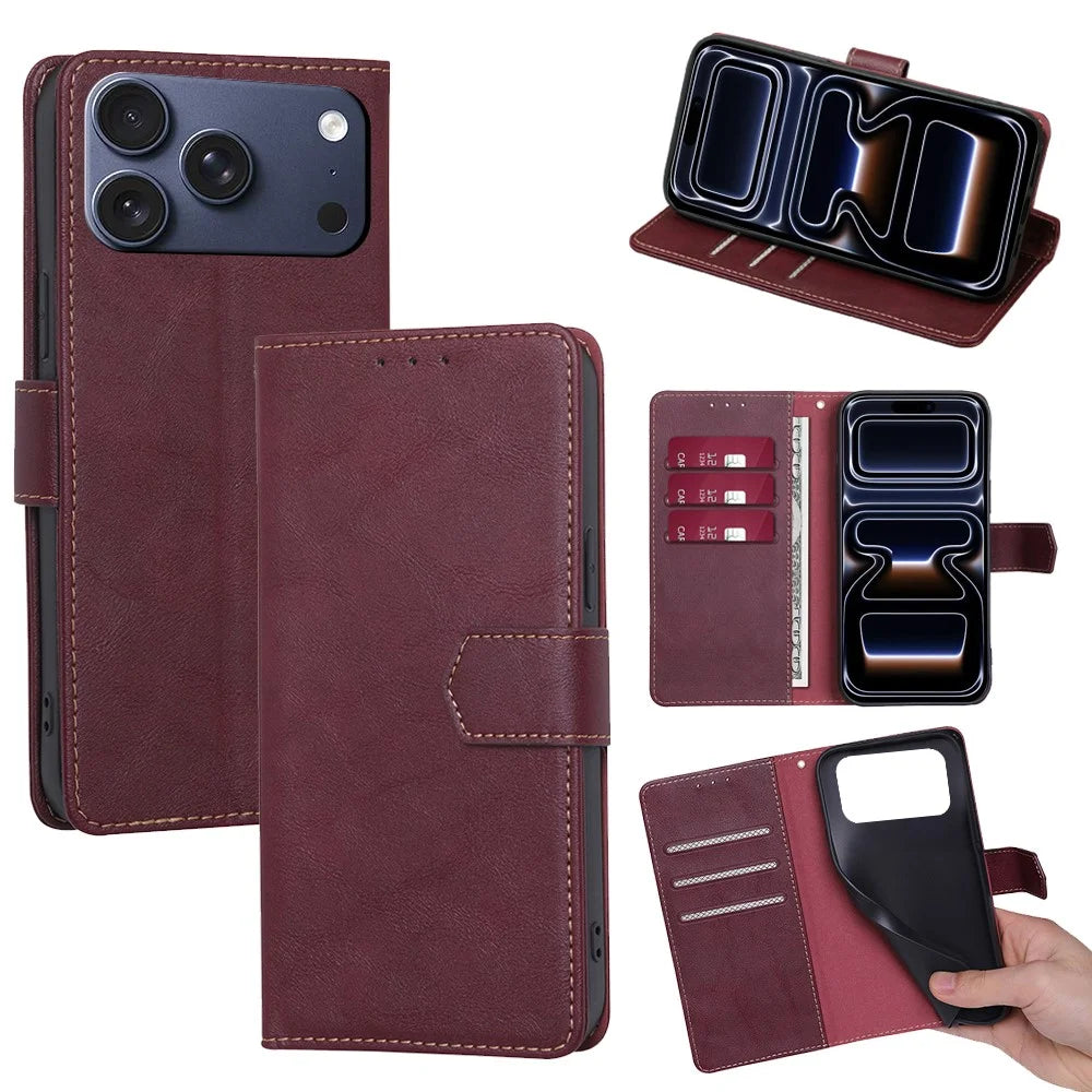 For iPhone 17 Pro Case Leather Phone Cover with RFID Blocking Wallet - Wine Red - 1