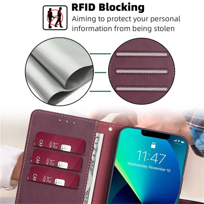 For iPhone 17 Pro Case Leather Phone Cover with RFID Blocking Wallet - Wine Red - 5