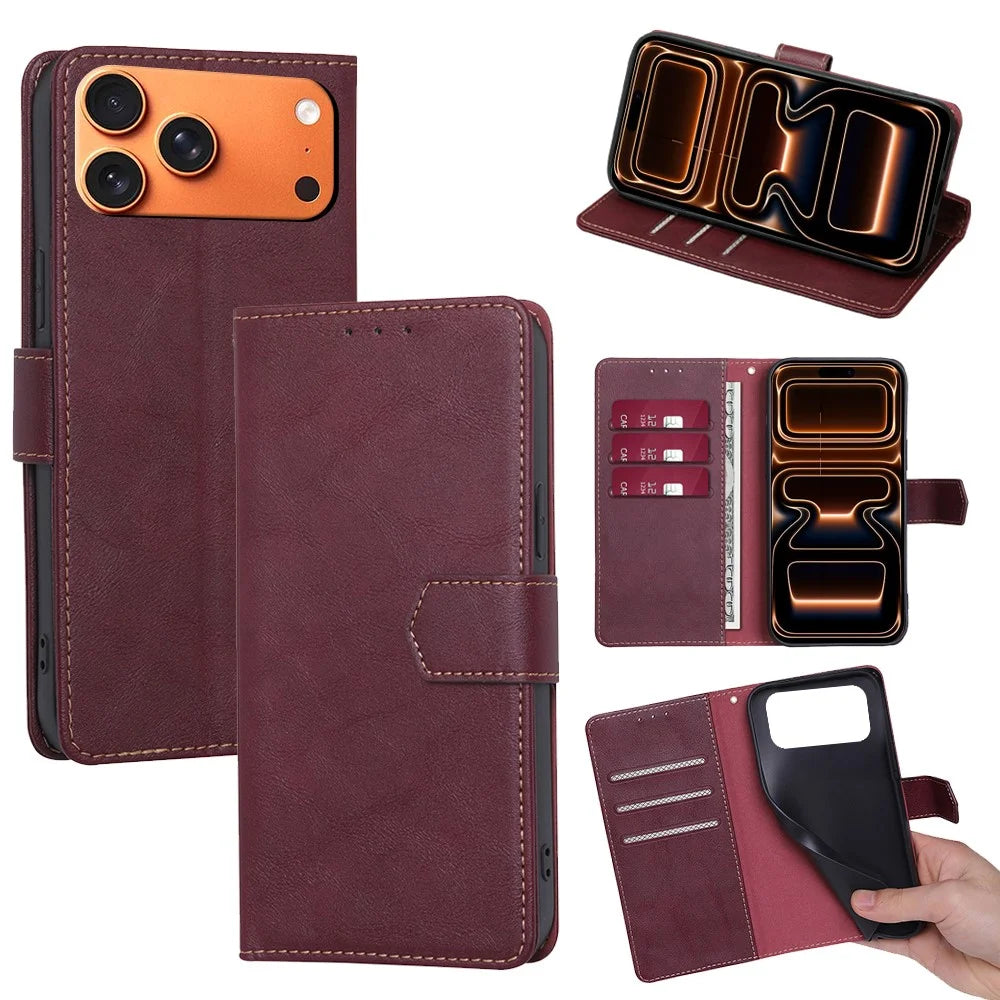 For iPhone 17 Pro Max Case Leather Phone Cover with RFID Blocking Wallet - Wine Red - 1