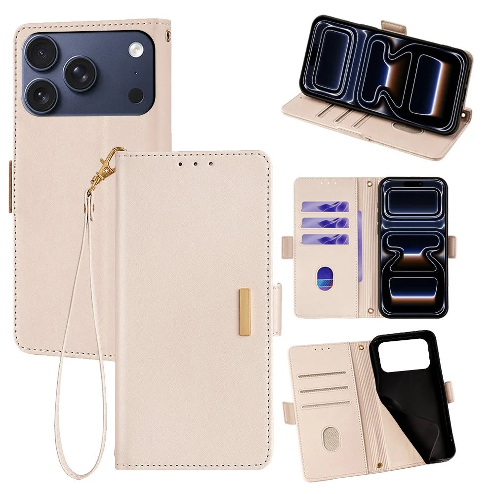 For iPhone 17 Pro Case RFID Blocking Wallet PU Leather Phone Cover with Wrist Strap - White - 1