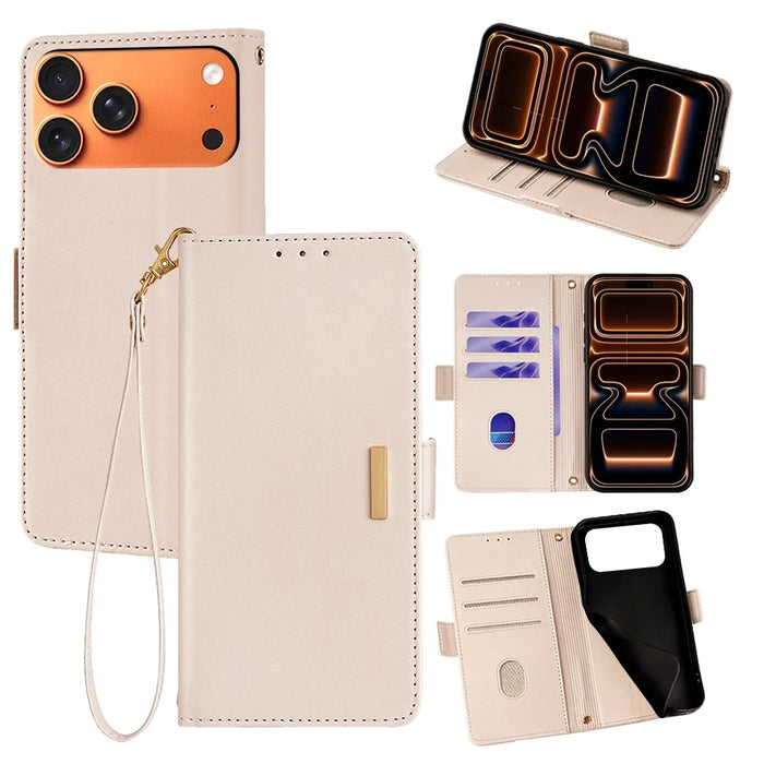 For iPhone 17 Pro Max Case RFID Blocking Wallet PU Leather Phone Cover with Wrist Strap - White - 1