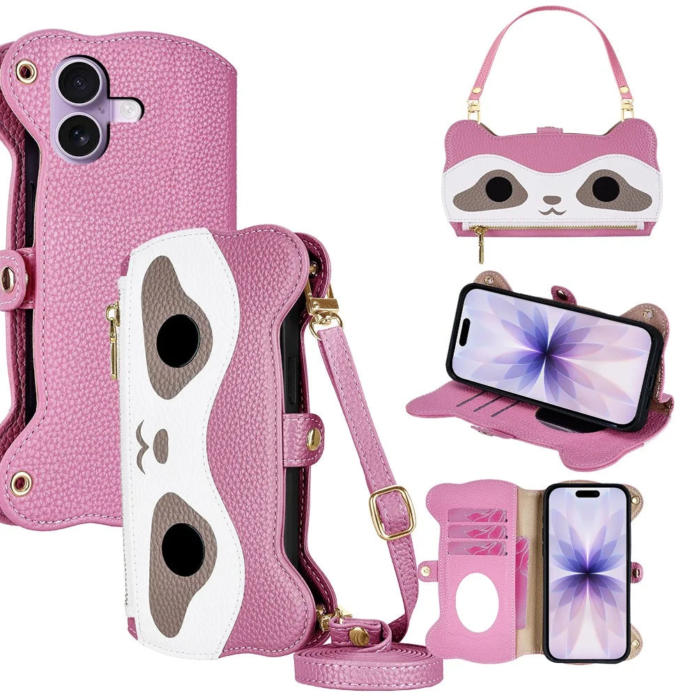 For iPhone 17 Case Makeup Mirror Wallet Cute Raccoon Leather Phone Cover with Wrist / Shoulder Strap - Pink - 1