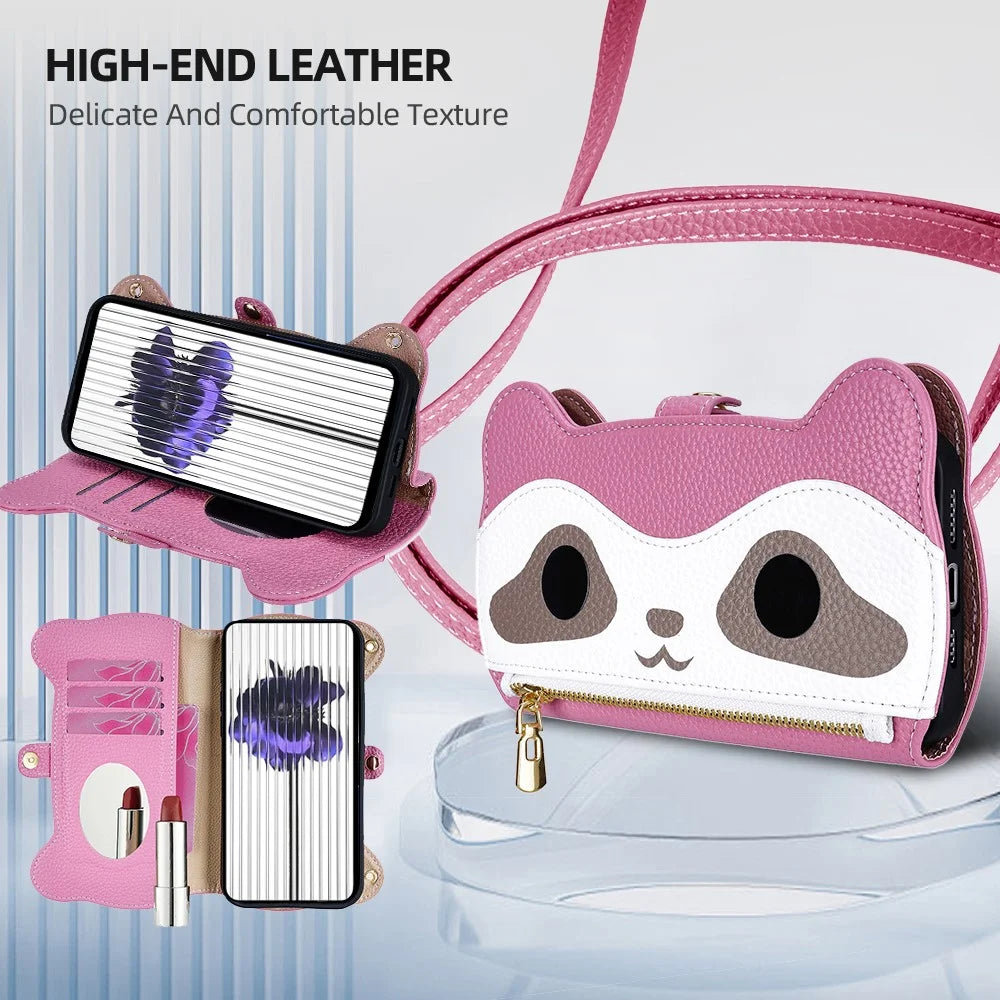 For iPhone 17 Case Makeup Mirror Wallet Cute Raccoon Leather Phone Cover with Wrist / Shoulder Strap - Pink - 2