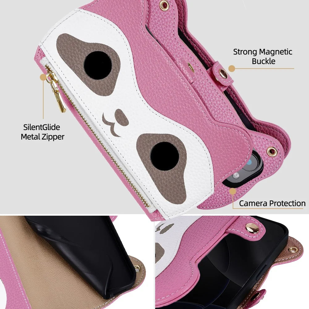 For iPhone 17 Case Makeup Mirror Wallet Cute Raccoon Leather Phone Cover with Wrist / Shoulder Strap - Pink - 3