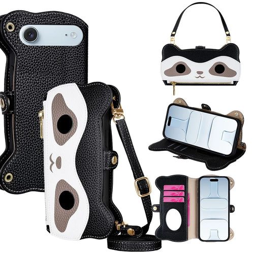 For iPhone Air Case Makeup Mirror Wallet Cute Raccoon Leather Phone Cover with Wrist / Shoulder Strap - Black - 1