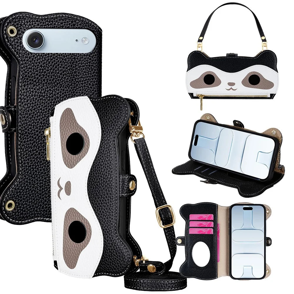 For iPhone Air Case Makeup Mirror Wallet Cute Raccoon Leather Phone Cover with Wrist / Shoulder Strap - Black - 1