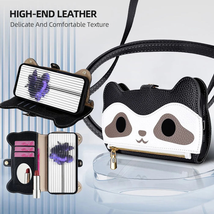 For iPhone Air Case Makeup Mirror Wallet Cute Raccoon Leather Phone Cover with Wrist / Shoulder Strap - Black - 2