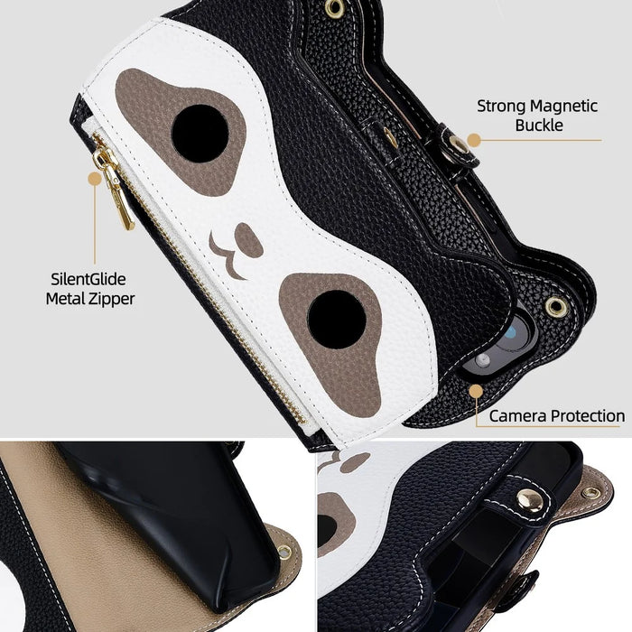 For iPhone Air Case Makeup Mirror Wallet Cute Raccoon Leather Phone Cover with Wrist / Shoulder Strap - Black - 3