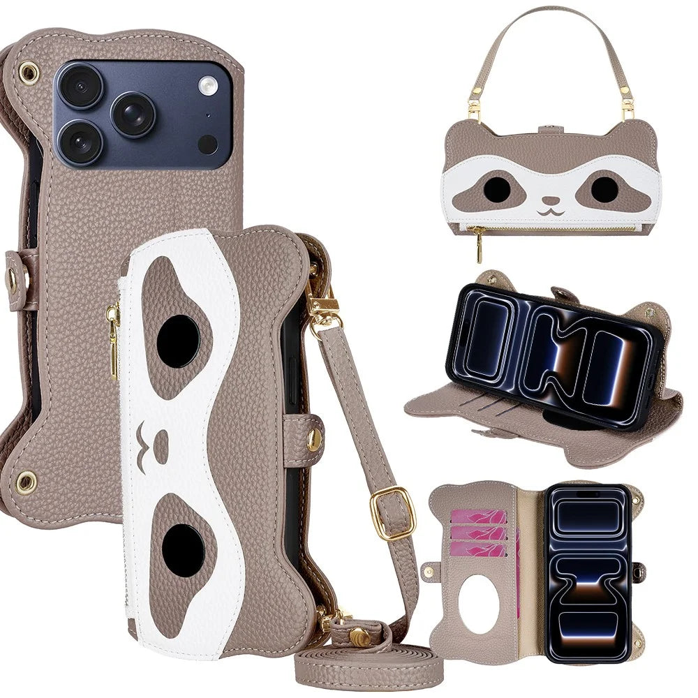 For iPhone 17 Pro Case Makeup Mirror Wallet Cute Raccoon Leather Phone Cover with Wrist / Shoulder Strap - Grey - 1