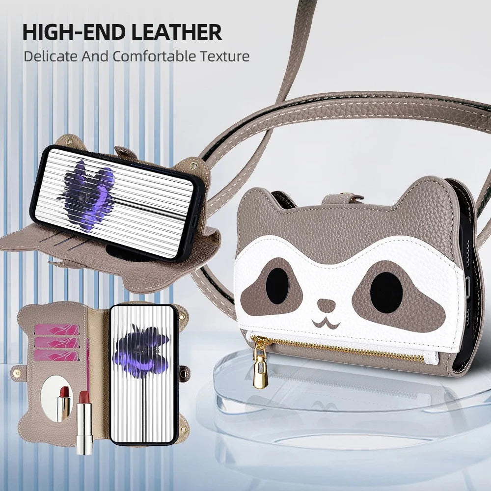 For iPhone 17 Pro Case Makeup Mirror Wallet Cute Raccoon Leather Phone Cover with Wrist / Shoulder Strap - Grey - 2