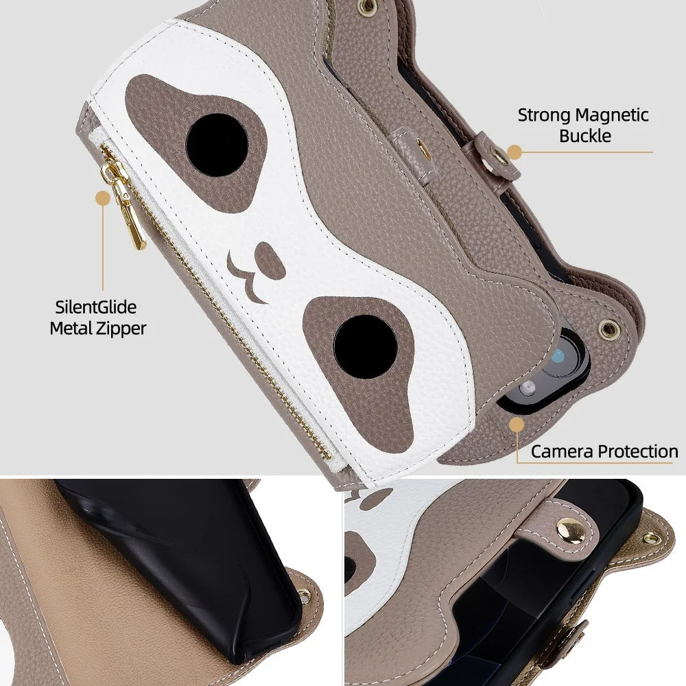 For iPhone 17 Pro Case Makeup Mirror Wallet Cute Raccoon Leather Phone Cover with Wrist / Shoulder Strap - Grey - 3